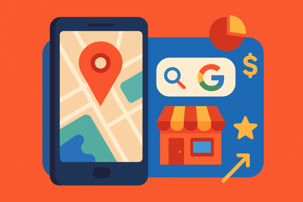 imagem com elementos que remetem a buscas de negócios locais, como celular, comércio, ícone de cifrão, em artigo sobre como colocar minha empresa no google
