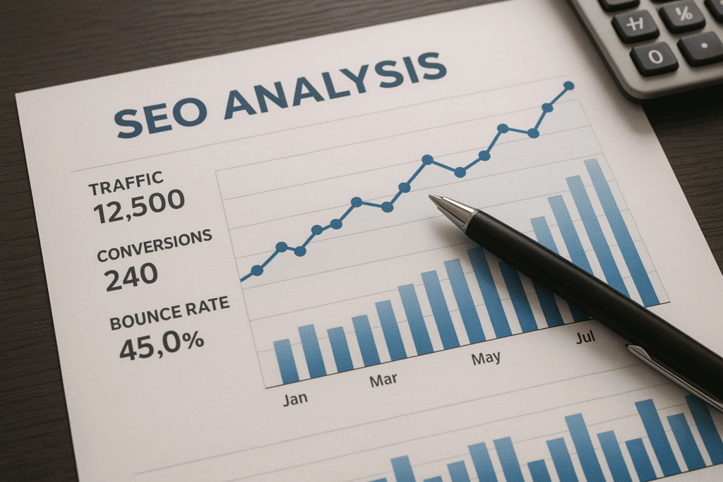 imagem de gráfico de análise de SEO com as métricas em crescimento, ilustrando artigo de blog de marketing digital sobre agência de SEO