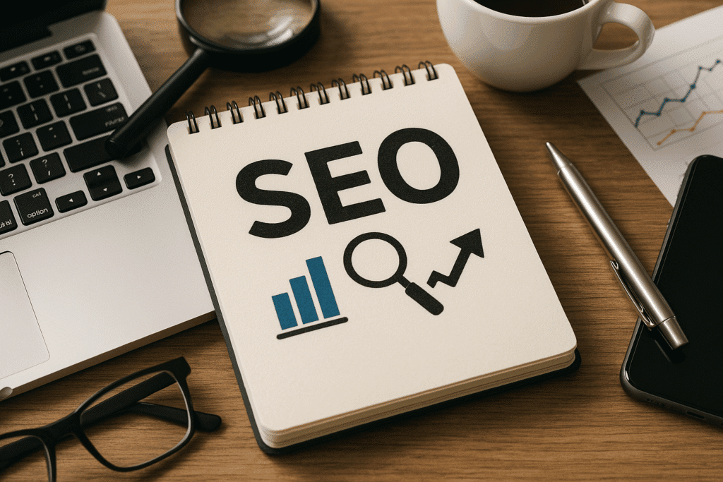 imagem de bloco de anotações onde se le SEO em pagina de site de agencia de seo em São Paulo