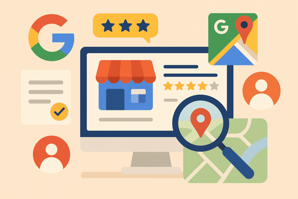 ilustração com elementos que remetem a buscas de negócios locais e SEO local como celular, comércio, ícone de cifrão, em artigo sobre como colocar minha empresa no google