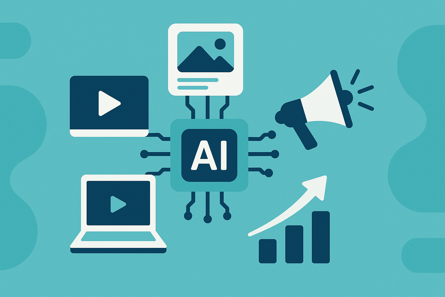 ilustração em estilo flat design com um símbolo de Inteligência Artificial ao centro, e ao redor ícones de vídeo, notebook, imagem, megafone e gráfico de negócios em crescimento, em artigo de blog de marketing digital sobre IA generativa