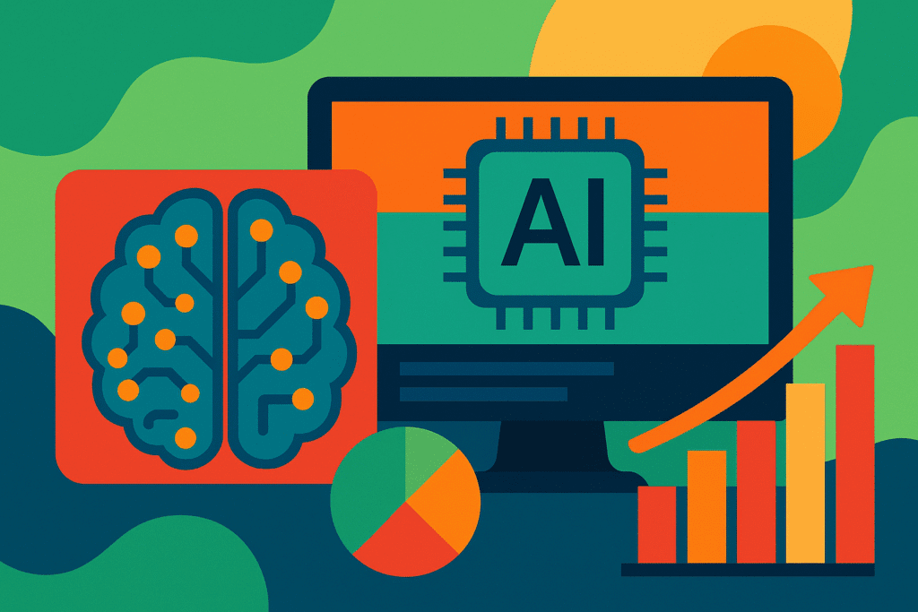 ilustração em estilo flat design onde se vê ao centro uma tela de computador com símbolo de IA, e ao redor ícones de cérebro com redes de inteligência artificial, gráfico de negócios business em pizza, gráfico de negócios em crescimento, em artigo de blog de marketing digital sobre IA generativa