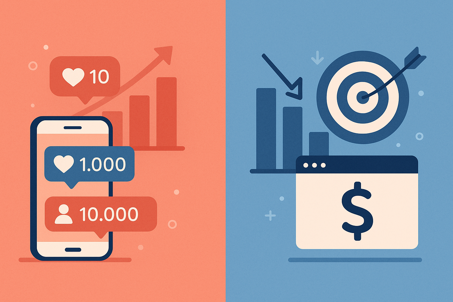 Infográfico ilustrativo para artigo de blog sobre métricas nas redes sociais, métricas de vaidade e métricas de conversão
