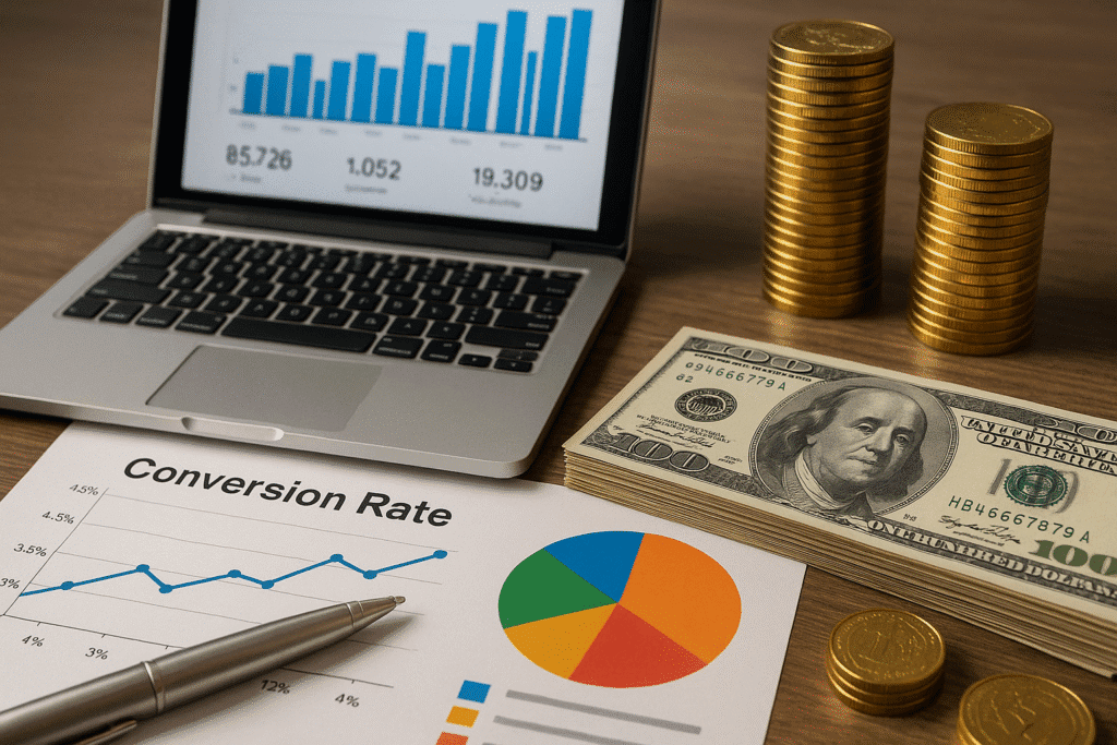 Imagem de mesa com notebook aberto e um documento com gráfico de business