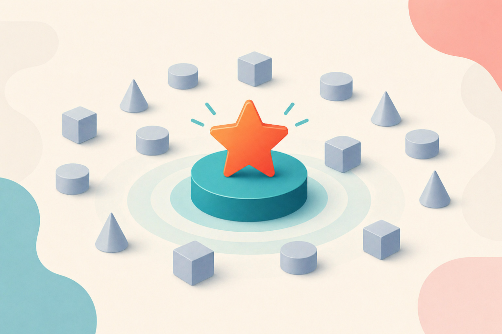 Ilustração em estilo flat design com uma estrela no meio e ao redor algumas formas geométricas, ilustrando artigo sobre posicionamento de marca