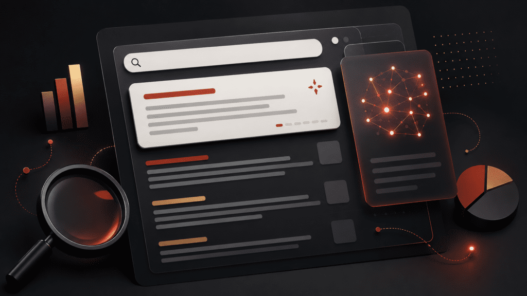 Imagem conceitual de interface de busca com elementos de inteligência artificial, resultados orgânicos e gráficos de análise, ilustrando artigo sobre SEO IA e tráfego orgânico.