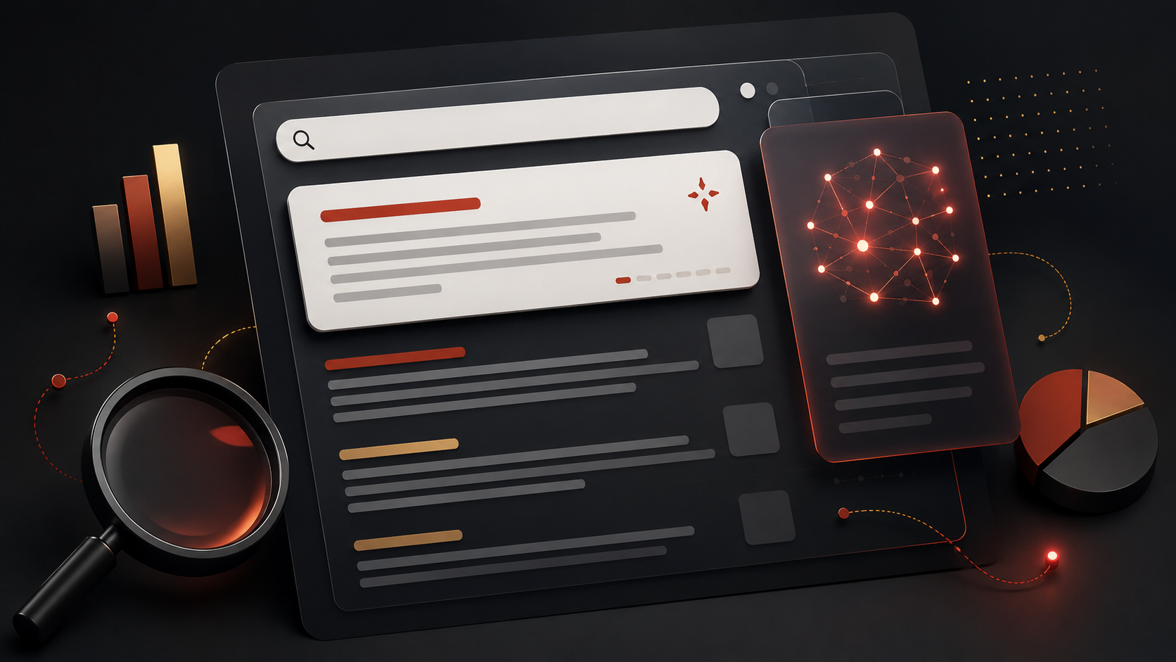 Imagem conceitual de interface de busca com elementos de inteligência artificial, resultados orgânicos e gráficos de análise, ilustrando artigo sobre SEO IA e tráfego orgânico.