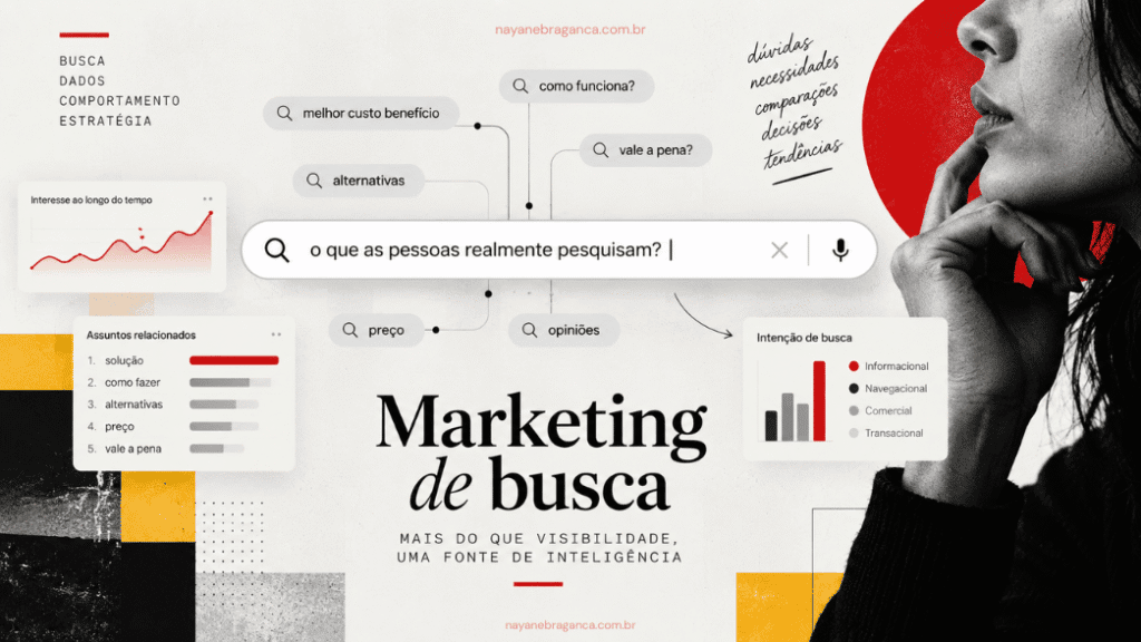 Ilustração editorial de marketing de busca mostrando uma barra de pesquisa central, termos relacionados, gráficos de tendências, intenção de busca e sinais de comportamento do consumidor.