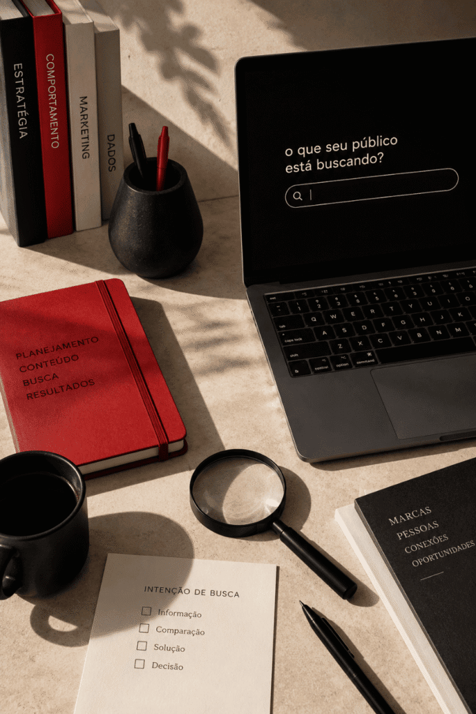 marketing-digital-1 Mesa de trabalho com elementos de marketing digital, estratégia e comportamento de busca, incluindo notebook com pesquisa sobre o que o público está buscando, livros sobre estratégia e dados, caderno de planejamento e lupa.